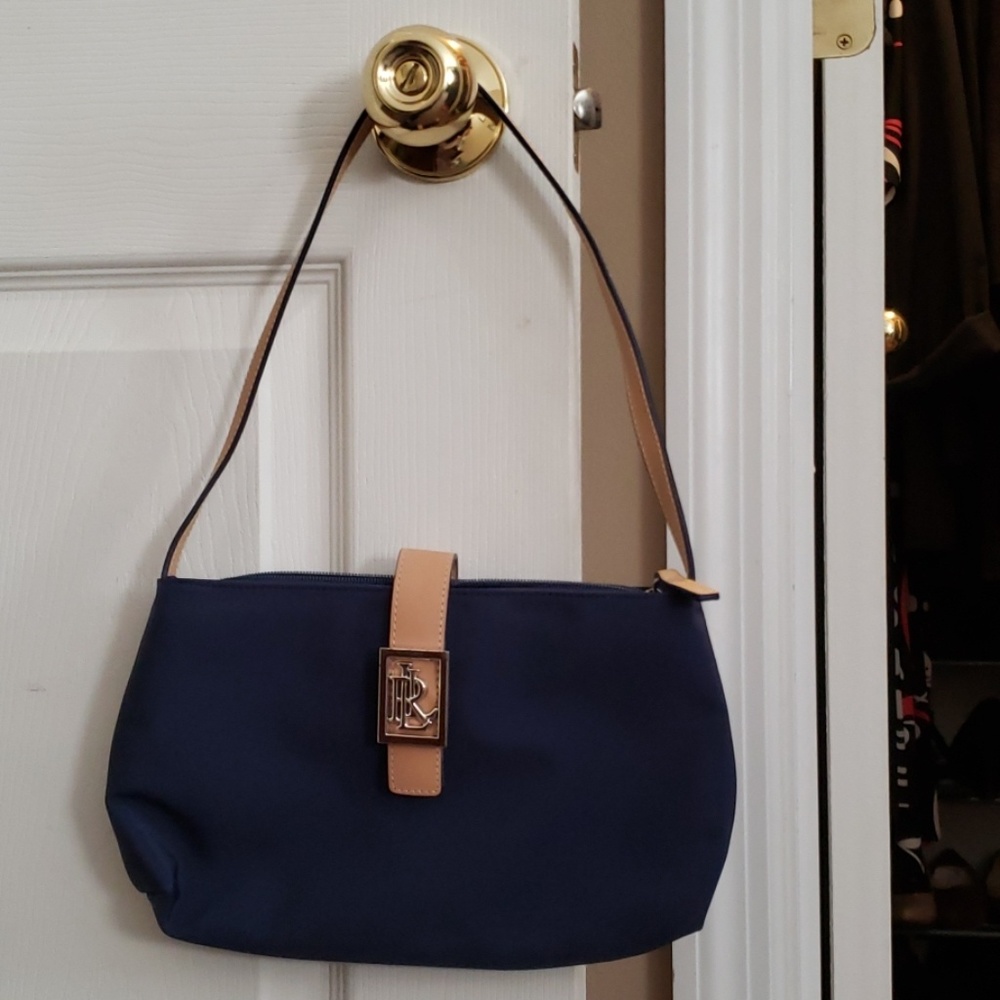 Navy Ralph Lauren clutch with shoulder strap.